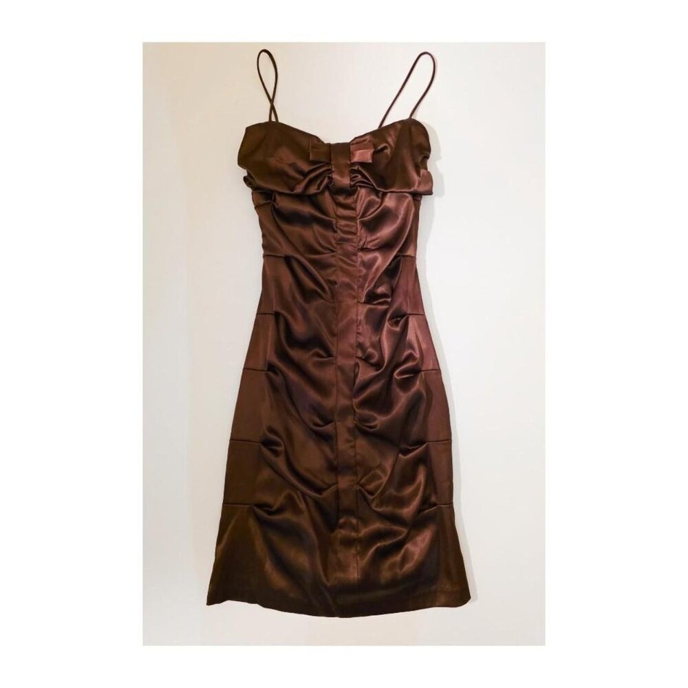 B Darlin Y2K Chocolate Brown Satin Ruched Bow Mini Dress 🤎
